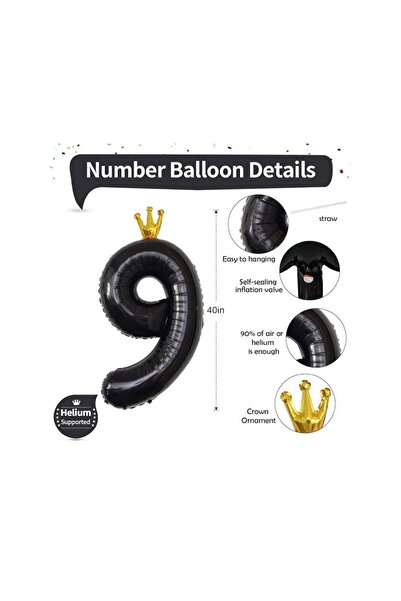 OMS Balon negru cu numărul 9, model coroană de 40 de inci
