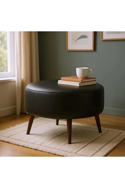WATERYBROOK Suni Deri Puf Large - Ceviz Ahşap Ayaklı - Retro Modern Tasarım -...