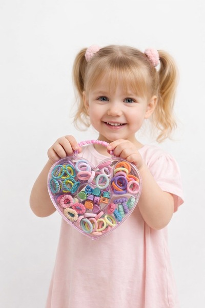 Beksy Accessory Kalpli Kutulu Kız Çocuk Saç Tokası ve Lastik Seti – Renkli Mi...