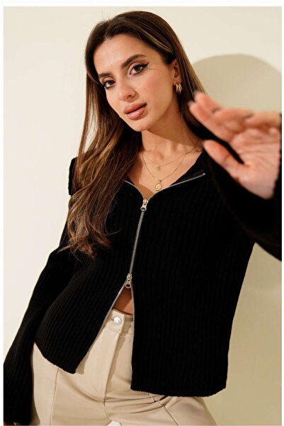 HELNORA Fermuarlı Detaylı Triko Hırka siyah