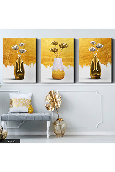 Evinemoda Floare de aur în vază, pânză în 3 piese - Tablou pe pânză