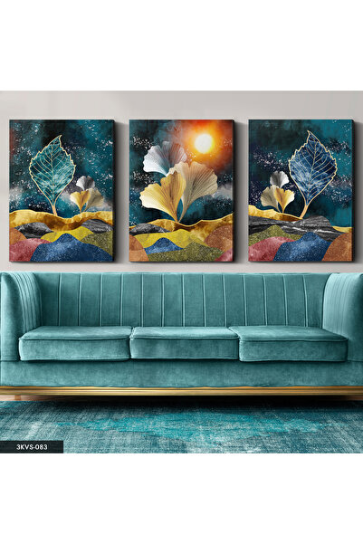 Evinemoda Синьо златно листо 3-частно платно - Платно за рисуване