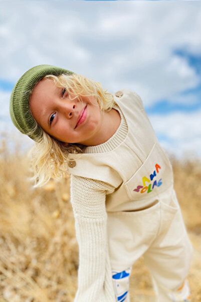 Limonlu Pamuk Unisex Mama Olas Sloganlı Pamuklu Keten Salopet