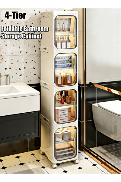 Generic خزانة تخزين حمام قابلة للطي بأربعة أرفف، منظم حمام رفيع، رف تخزين يمك...