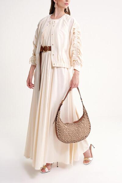 SOCIETA Ekru Kolları büzgülü beli lastikli çıt çıtlı kısa ceket 61185