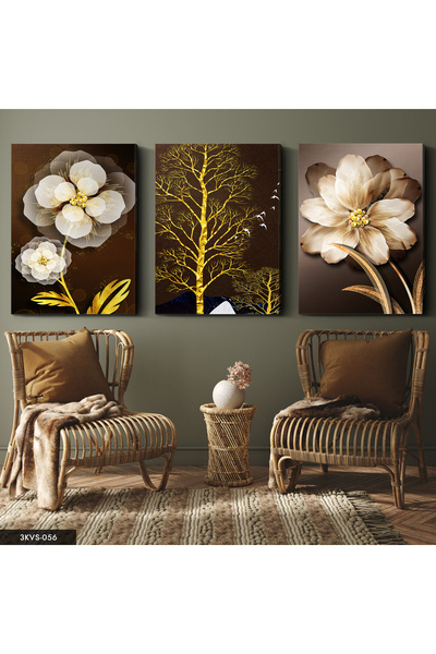Evinemoda Smeđe cveće, 3-dijelna slika na platnu - Slika na platnu