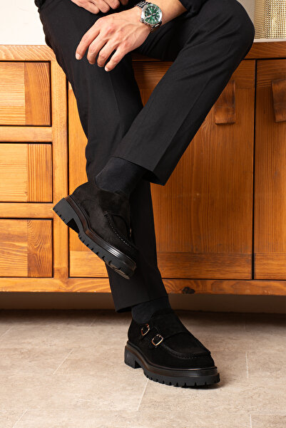 YAREL AYAKKABI Erkek Siyah Hakiki Deri Çift Tokalı Eva Kaymaz Taban Süet Casu...