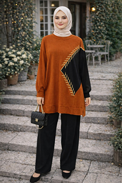 ŞIK VE MUTLU ثوب تونيك إسلامي بنقشة فروع الزيتون بلون تان