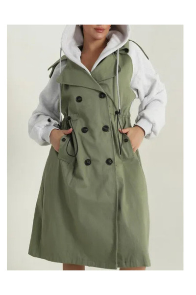 Gabardin Şardonlu Kapüşonlu Kruvaze Kaban