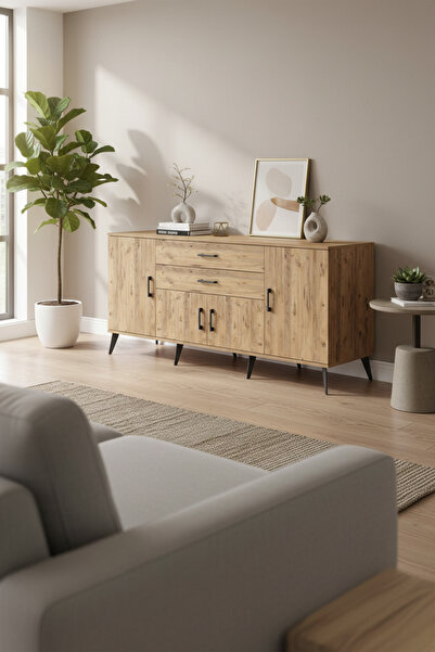 EnTrendMobilya Aura Konsol - 3 Raflı, 2 Çekmeceli, 4 Kapaklı - 176 CM Çam Konsol