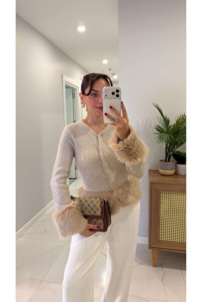 BİRCANÇİL Kotina Beige Cardigan with Fur Detail on the Sleeves