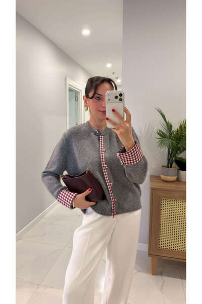BİRCANÇİL Lunan Gray Gingham Detailed Cardigan
