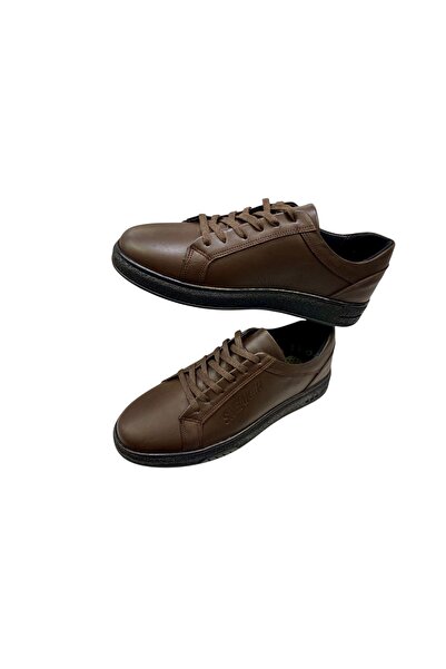 SULA حذاء رياضي رجالي برباط، جلد من الداخل والخارج، لون بني، نعل مطاطي مخيط