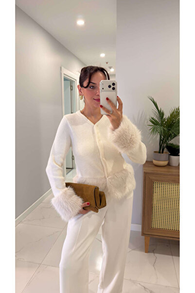 BİRCANÇİL Kotina Ecru Cardigan with Fur Detail on the Sleeves