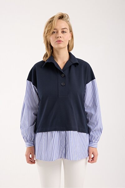 Entarim قميص حمل بياقة محبوكة وخطوط مخططة