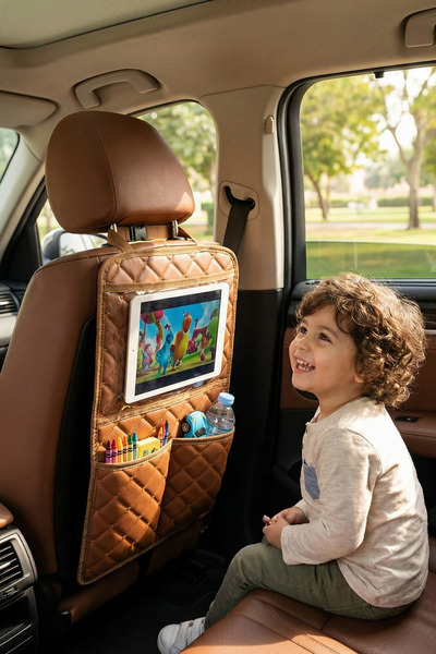 MultiTrendy Tan Leather Car Seat Back Organizer Vehicle Backseat Organizer Ta...