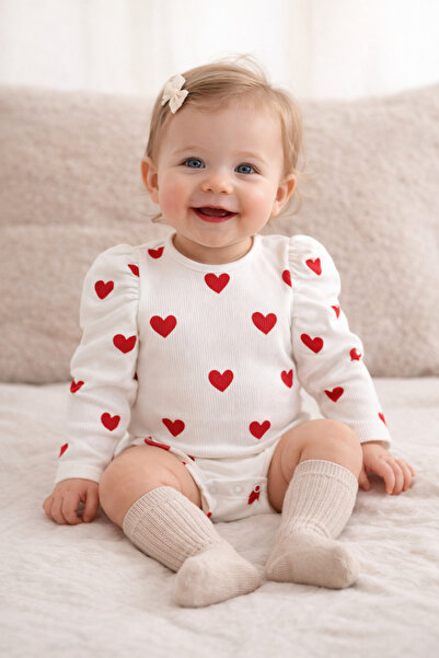 bebekpare Baby Girl Heart Patterned Ribbed Long Sleeve Snap Fastener Bodysuit...