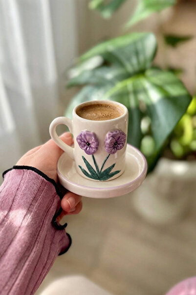 Loomart Violet flower figured 2-person 4 piece handmade coffee cup set