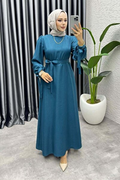 Kalemen Moda Manşeti Bağlamalı Sofia Keten Elbise 2010 Petrol