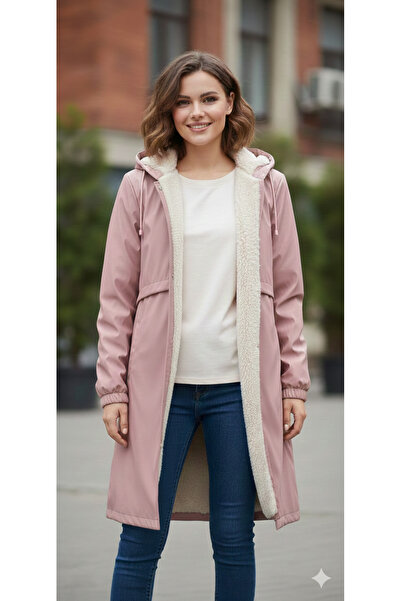 MODA Pudra İçi kürklü diz boyu kapüşonlu kolları lastikli trenckot (tesettüre...