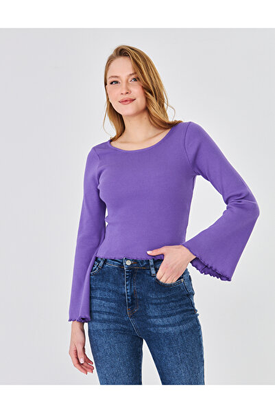 Avones Women's Wide Round Neck Bebe Overlock Detailed Ribbed Knit Long Sleeve...