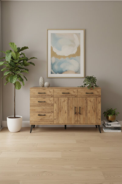 EnTrendMobilya Aura Konsol: 5 Çekmeceli, 2 Kapaklı Çam Konsol (132x59x83 cm)