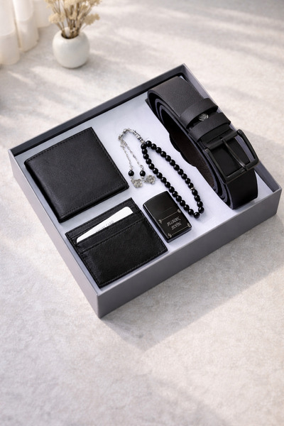 wesscollection Erkek Çakmak Deri Cüzdan Kartlık Kemer ve Tesbih Seti