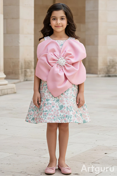 Alesaei-mondo tondo Girls' floral dress with a large pink bow, elegant design...