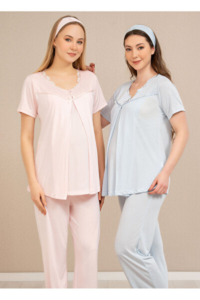 Baha Dantel Yaka Yarım Kollu 2 li Lohusa Pijama Takımı