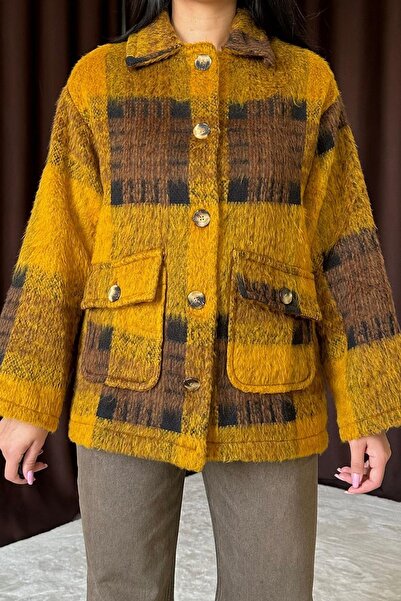 Butik Ayseba Hardal Düğmeli Ekoseli Kadın Kaban