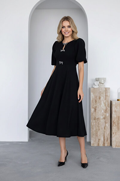 İntive Lingerie Women's Crepe Fabric Bow Detail Low-Cut Midi Dress