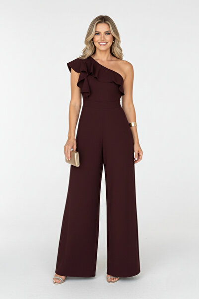 KHİ-ZAİ Women's One Shoulder Detail Ruffled Crepe Fabric Jumpsuit