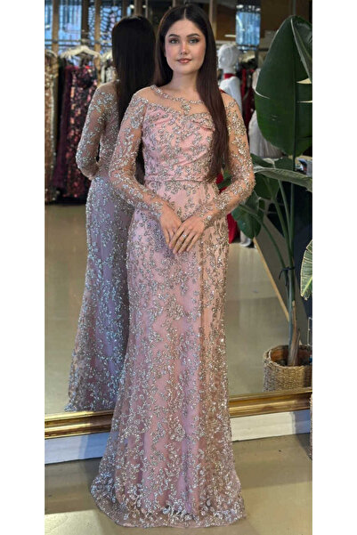 Abiyeniall Pudra Renk Yuvarlak Yaka Uzun Kollu Düz Kesim Simli Uzun Abiye Elb...