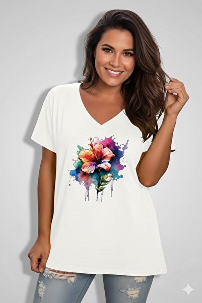 JENOLAN Tricou de damă cu decolteu în V și imprimeu floral, larg și supradime...