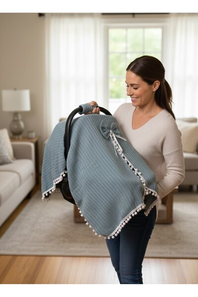 bebeciden Örgülü Keten Puset Örtüsü - Yeşil Renk Ponponlu Bebek Taşıma Örtüsü