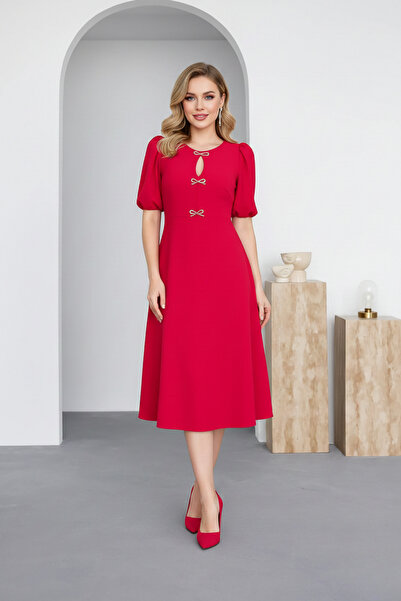 KHİ-ZAİ Women's Crepe Fabric Bow Detail Low-Cut Midi Dress