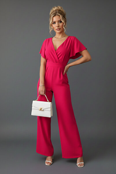 KHİ-ZAİ Women's Short Sleeve Double-Breasted Collar Self Belted Jumpsuit