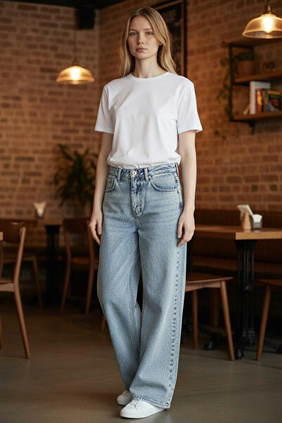 TRENDY Bol paça taşlanmış orta mavi yüksek bel mom kot pantolon