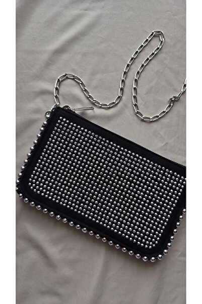 espoi collection Kadın Siyah Süet Zımba Detaylı Portföy El Çantası / Cüzdan