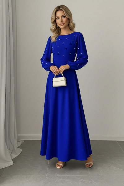 KHİ-ZAİ Women's Pearl Detail Round Neck Princess Sleeve Low Waistline Self Be...