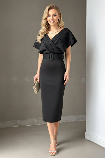 KHİ-ZAİ Women's Belted Scuba Fabric Pearl Detailed Dress