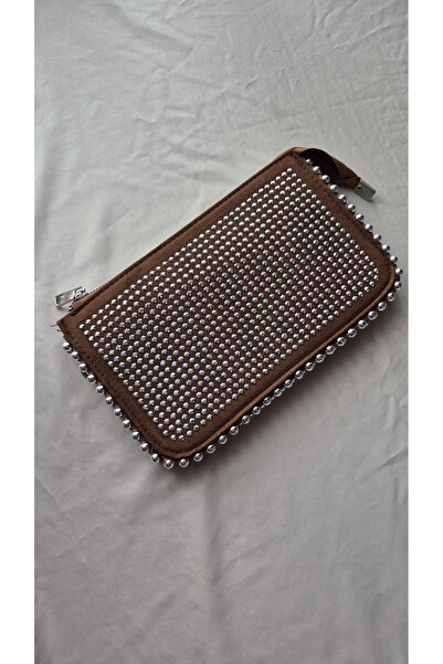 espoi collection Kadın Kahverengi Süet Zımba Detaylı Portföy El Çantası / Cüzdan