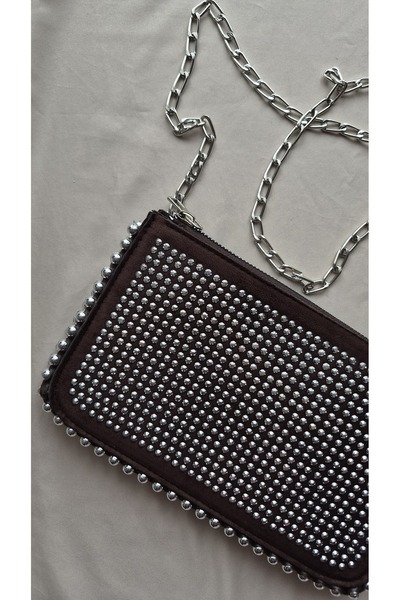 espoi collection Kadın Kahverengi Süet Zımba Detaylı Portföy El Çantası / Cüzdan