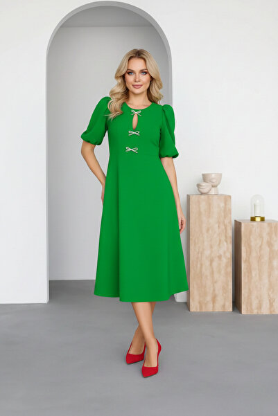 İntive Lingerie Women's Crepe Fabric Bow Detail Low-Cut Midi Dress