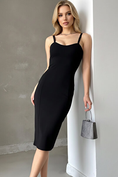 KHİ-ZAİ Women's Heart Neckline Thick Strap Crepe Fabric Pencil Dress