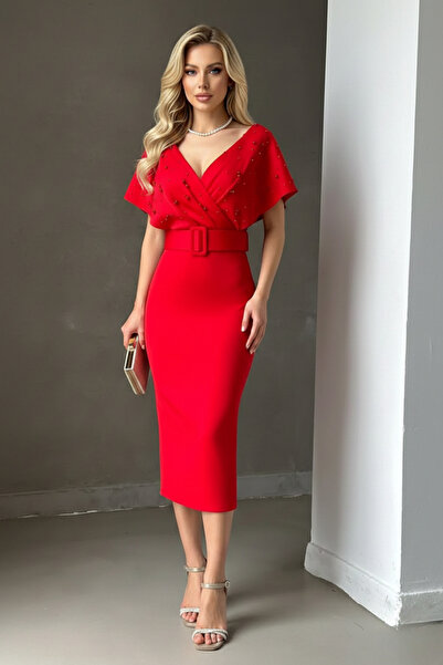 İntive Lingerie Women's Belted Scuba Fabric Pearl Detailed Dress