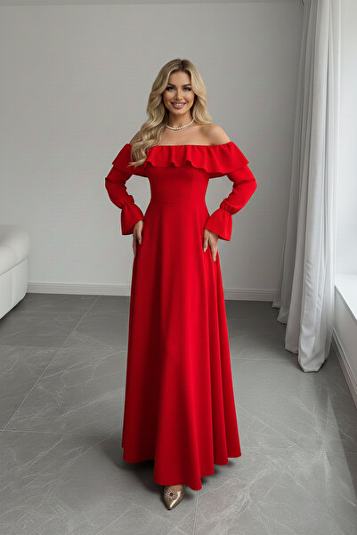 KHİ-ZAİ Women's Madonna Collar Ruffle Detail Long Sleeve Crepe Fabric Dress