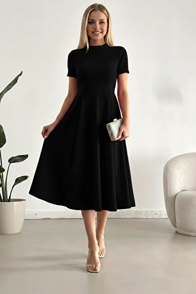 minenka Women's Short Sleeve Pocket Long Crepe Fabric Dress