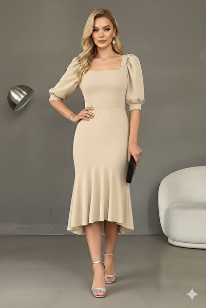 KHİ-ZAİ فستان نسائي من قماش الكريب بياقة مربعة وأكمام بالون على شكل سمكة بطول...