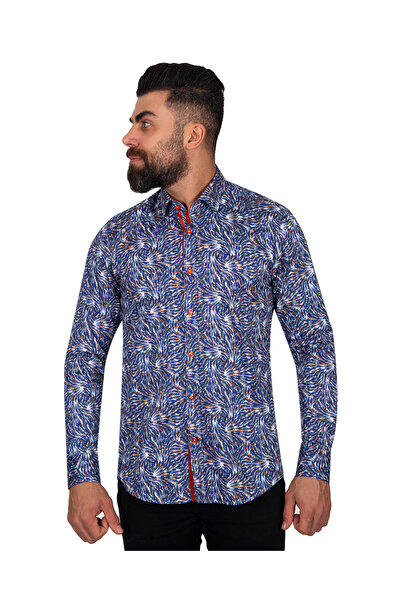 OSCAR BANKS Slim Fit - Red Detailed Micro Patterned 100% Cotton Shirt